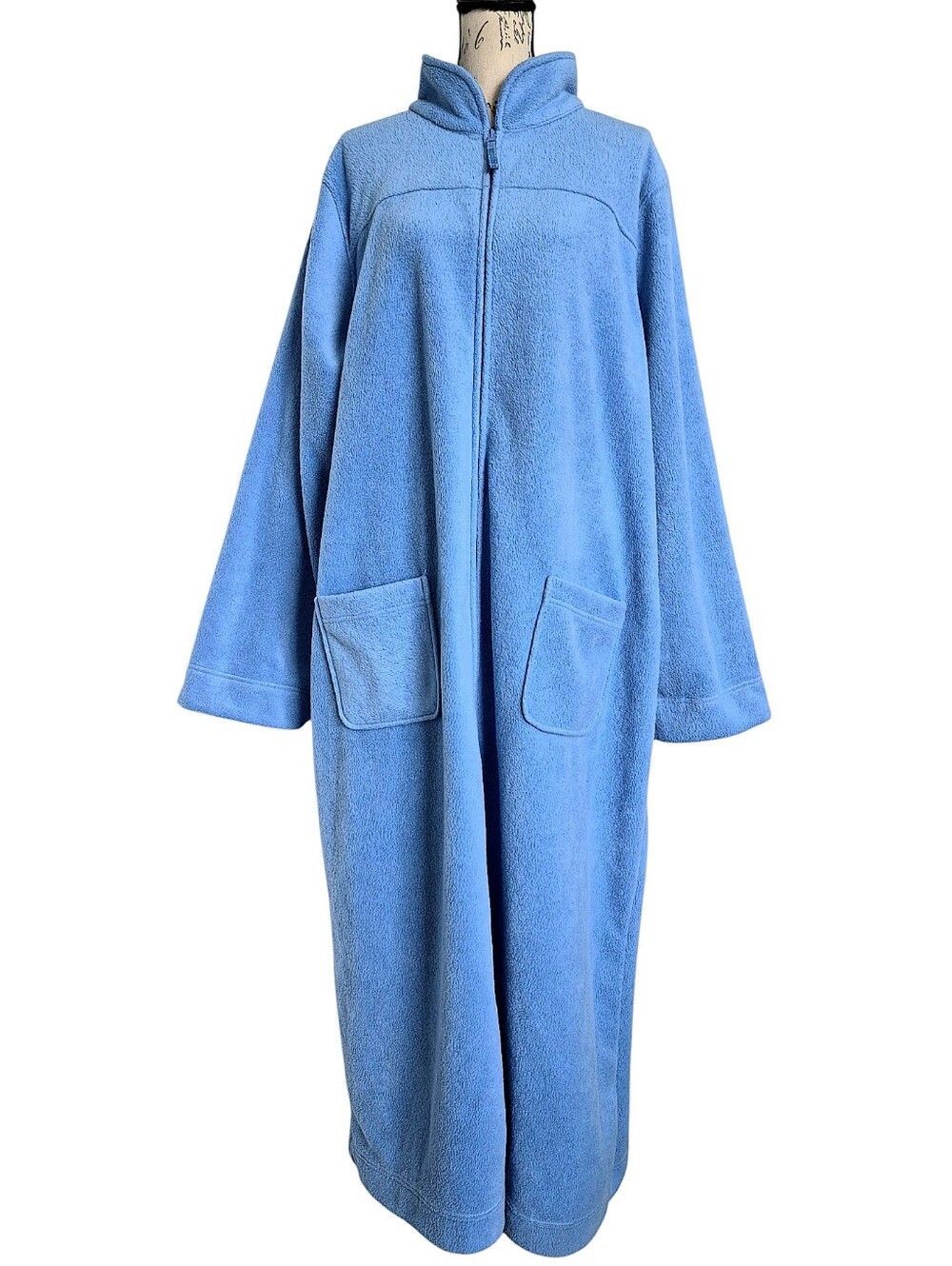LL Bean Womens Winter Fleece Zip up Blue Long Robe size 2X Pockets Loungewear